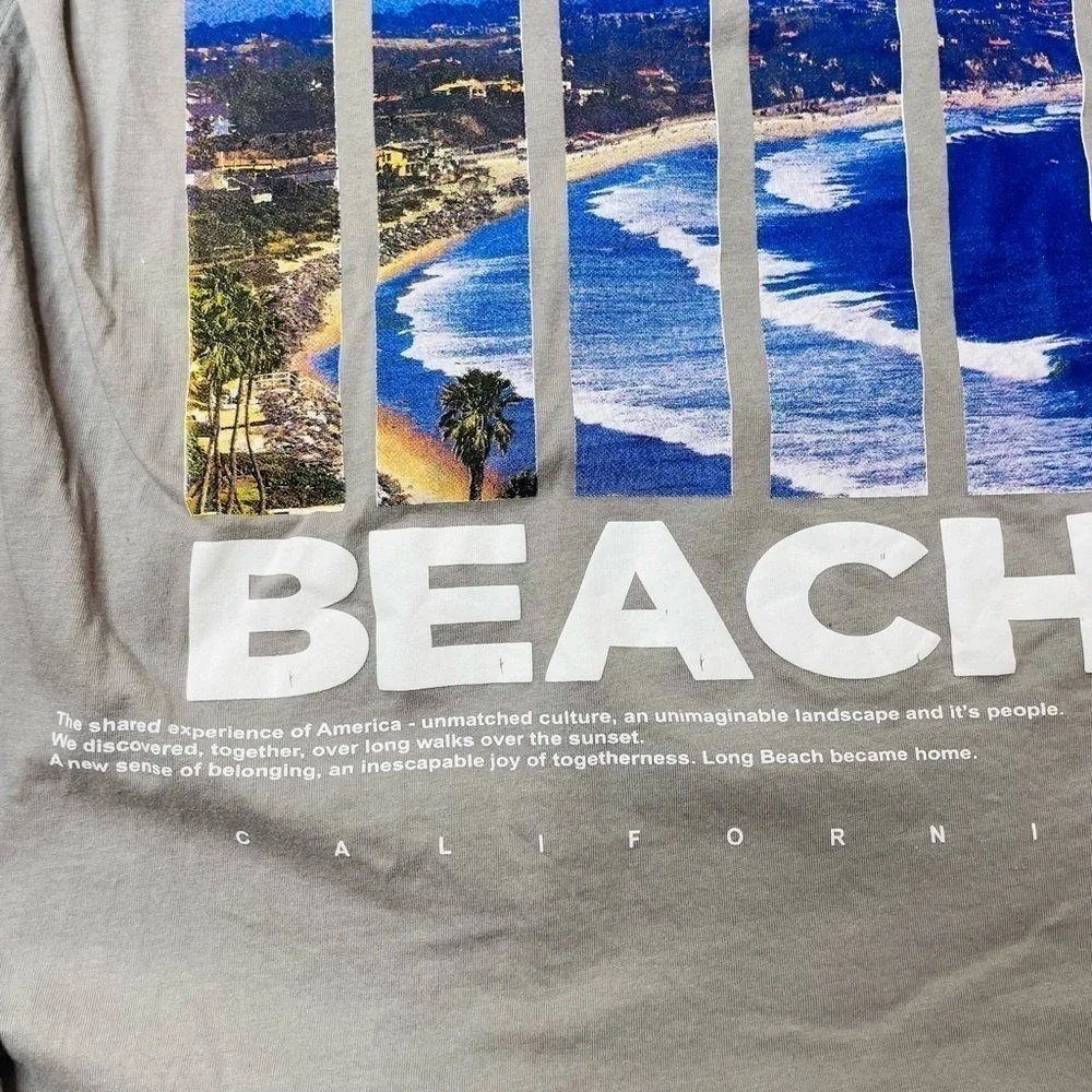DENIM & Flower Malibu Beach Gray Graphic Long Sleeve Pullover Hoodie Men’s Small